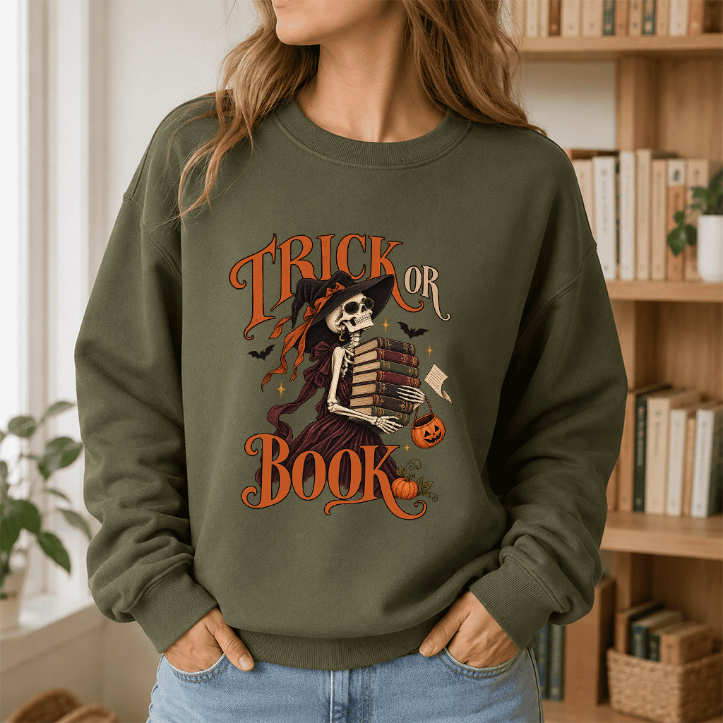 Trick Or Book Printed Sweatshirt | Halloween Book Lover Gift Military Green