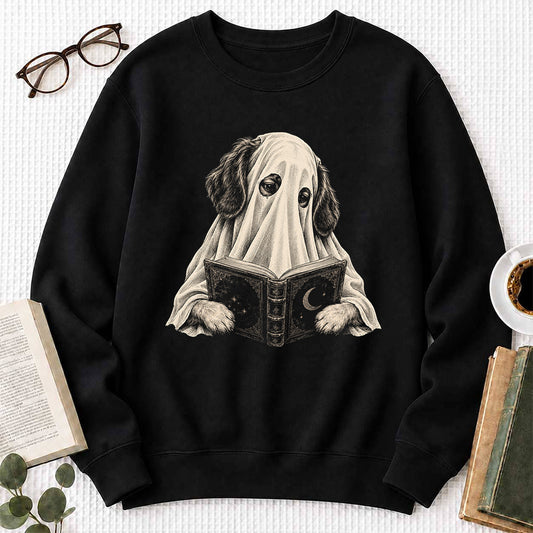 Reading Ghost Dog Crewneck Sweatshirt | Spooky Season Book Lover Gift Black