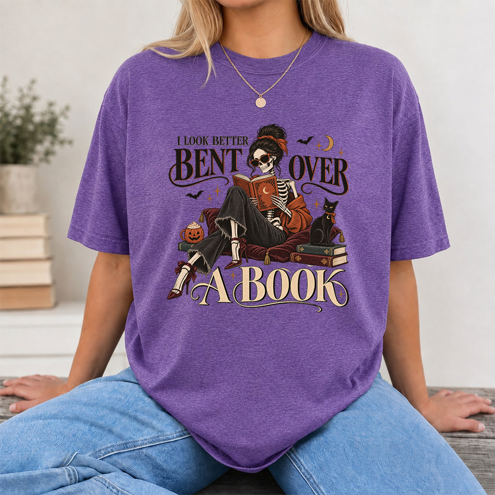 I Look Better Bent Over A Book Printed T-Shirt | Halloween Book Lover Gift Heather Purple