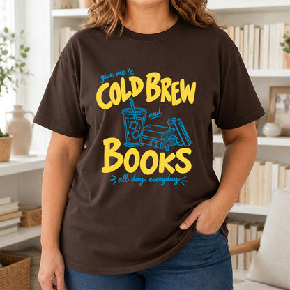 Give Me Cold Brew And Books Softstyle T-Shirt | Book Lover Gift Dark Chocolate
