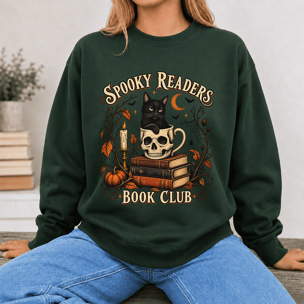Spooky Reader Book Club Crewneck Sweatshirt | Halloween Book Lover Gift Forest Green