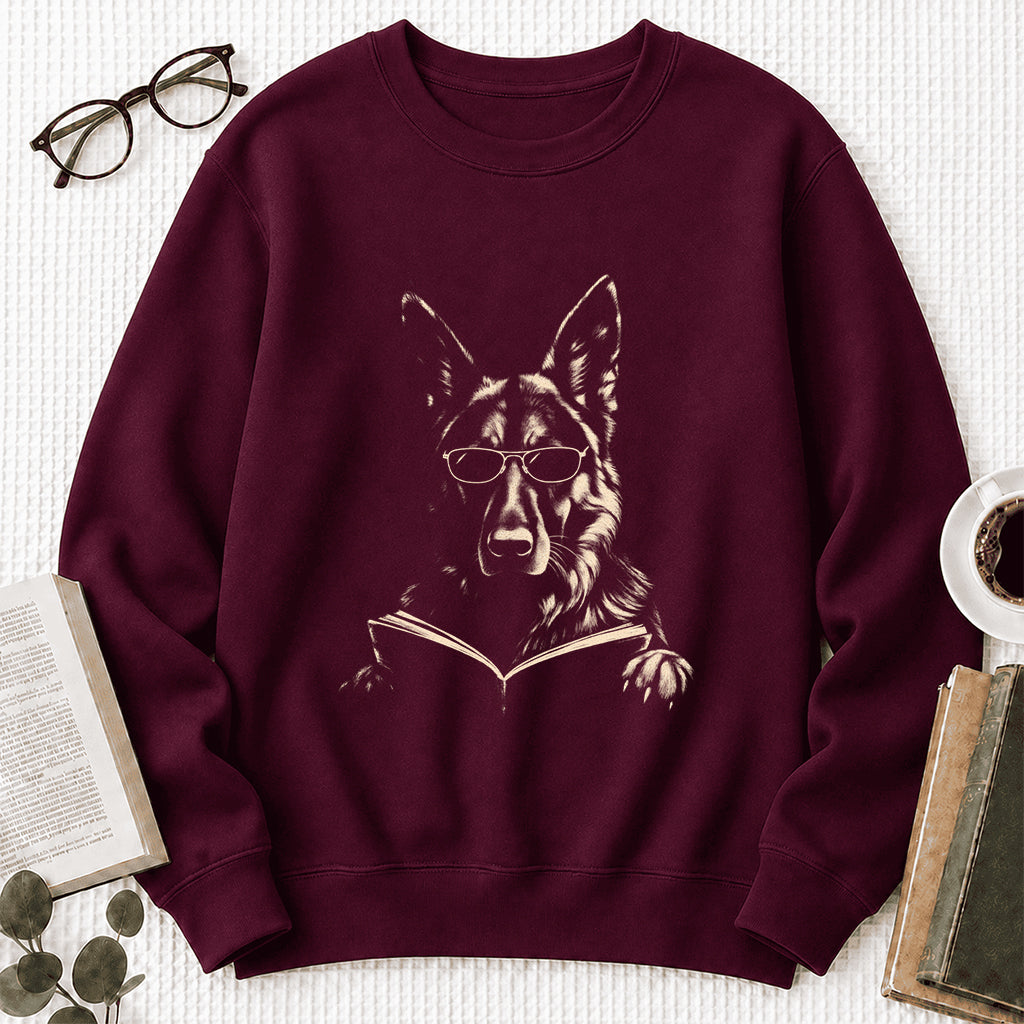 German Shepherd Reading Book Crewneck Sweatshirt | Reader Gift Maroon