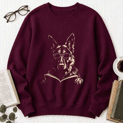 German Shepherd Reading Book Crewneck Sweatshirt | Reader Gift Maroon