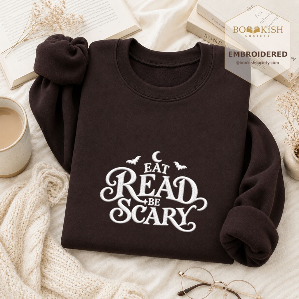 Eat Read Be Scary Embroidered Sweatshirt | Halloween Book Lover Gift Dark Chocolate