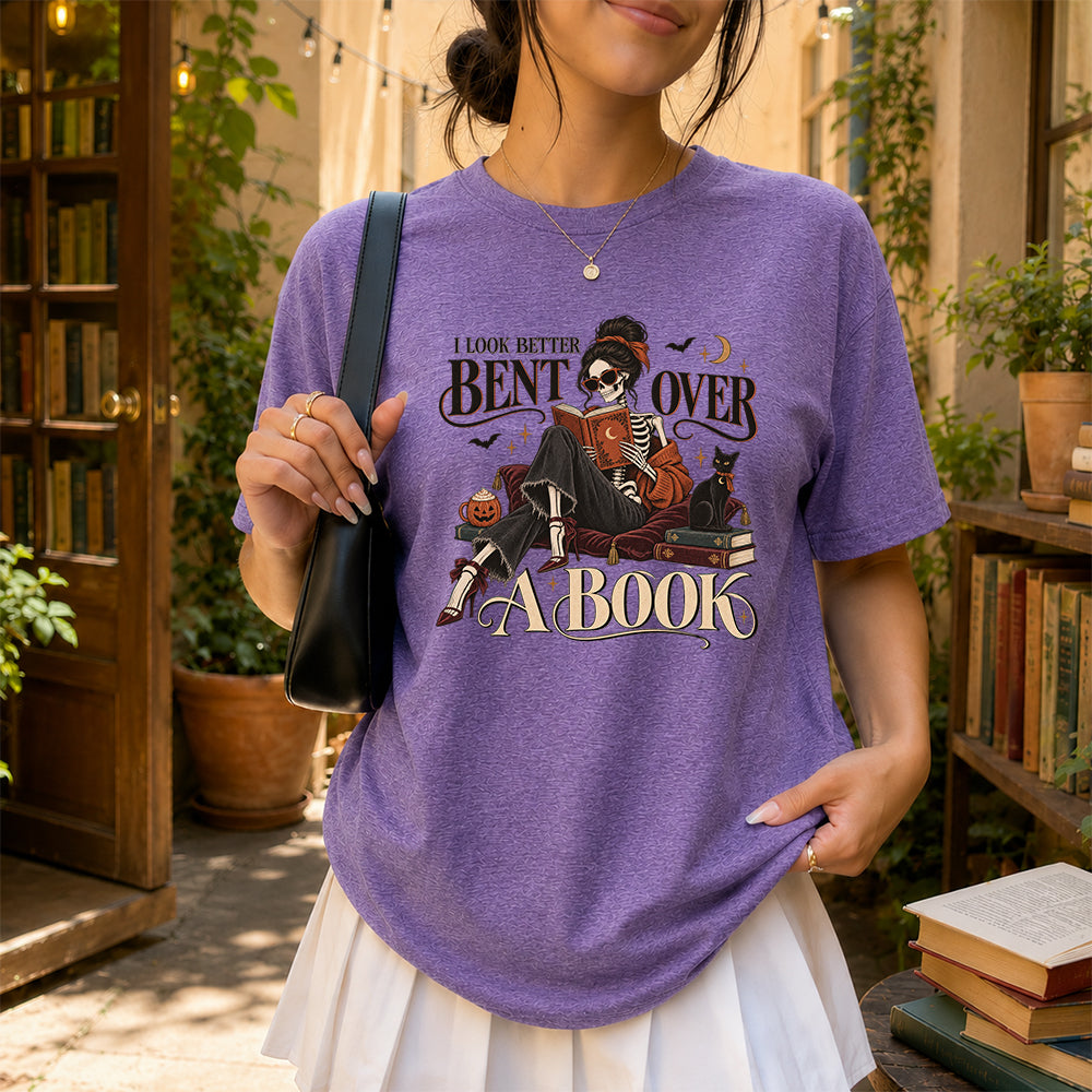 I Look Better Bent Over A Book Printed T-Shirt | Halloween Book Lover Gift Heather Purple