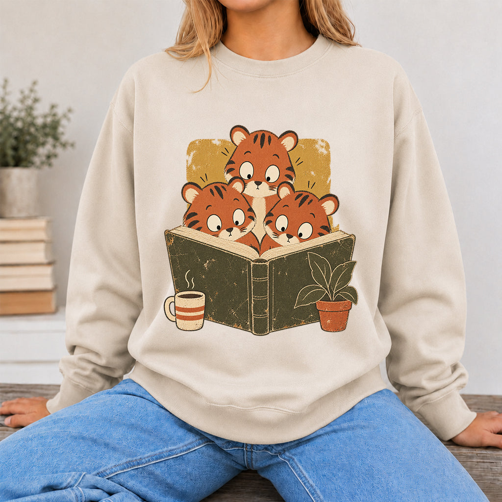 Minimal Japanese Tigers Reading Crewneck Sweatshirt | Reader Gift Sand