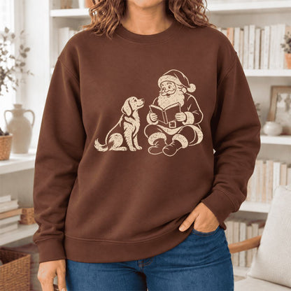 Funny Dog With Reading Santa Softstyle Sweatshirt | Christmas Book Lover Gift Cocoa