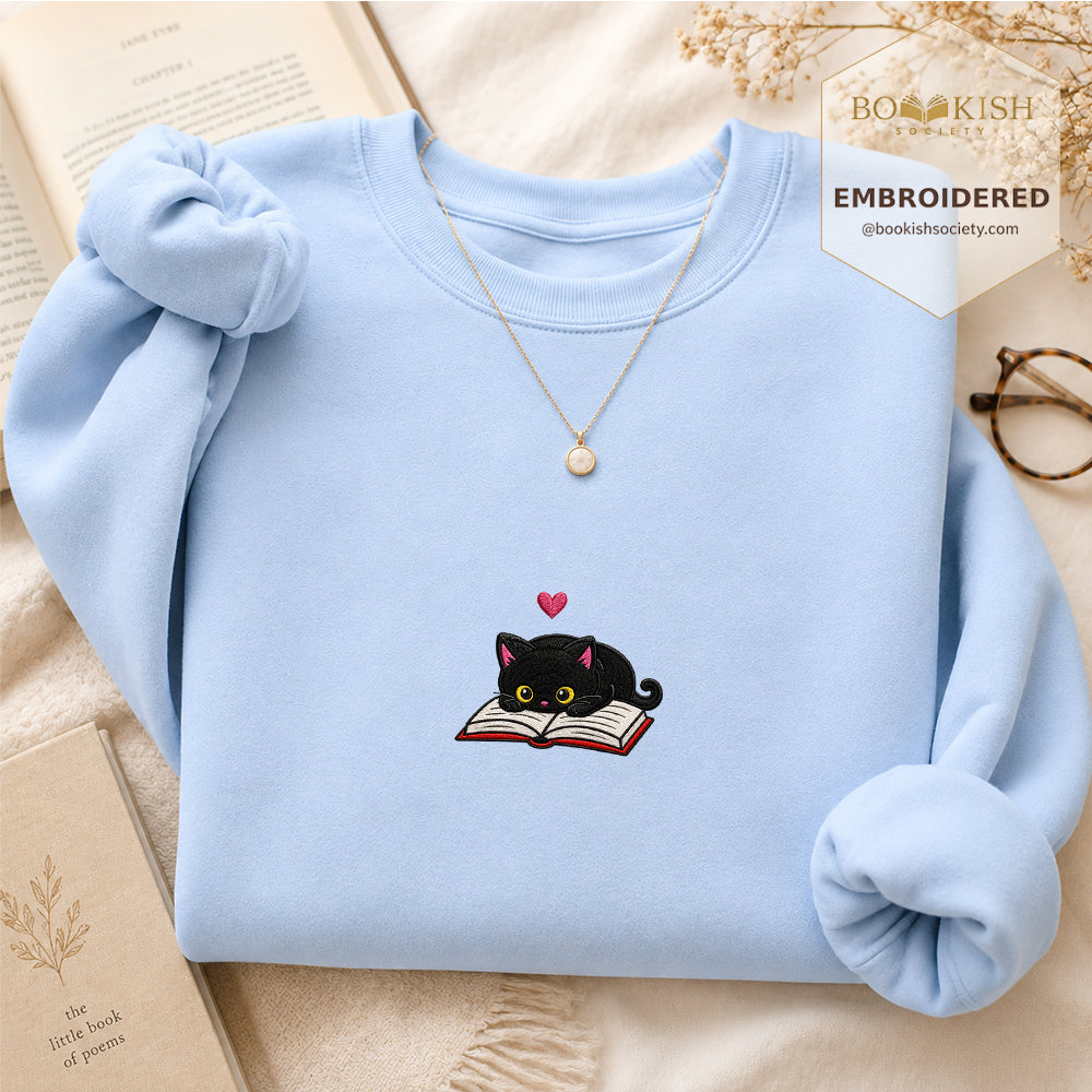 Black Cat and Book Embroidered Sweatshirt | Reader Gift Light Blue