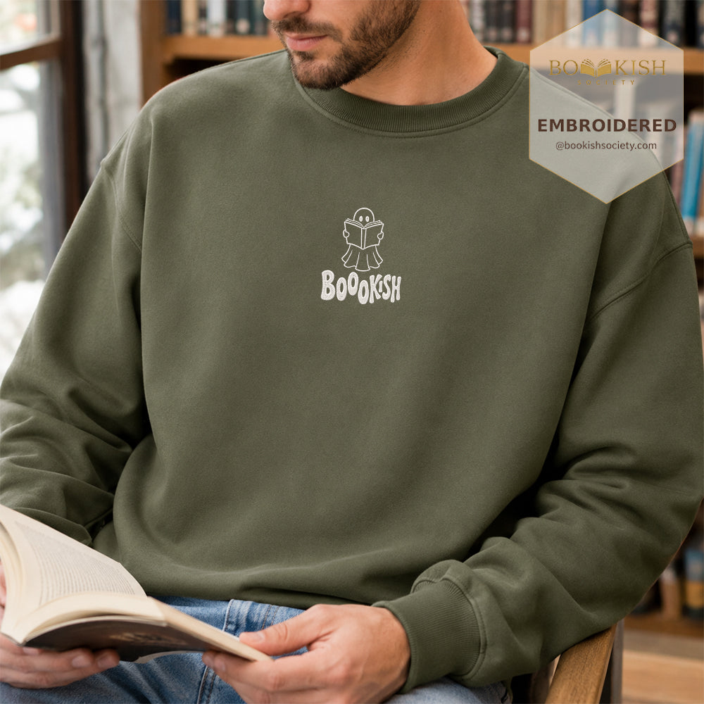 Bookish Ghost Embroidered Sweatshirt | Halloween Book Lover Gift Military Green