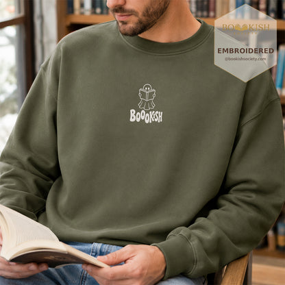 Bookish Ghost Embroidered Sweatshirt | Halloween Book Lover Gift Military Green