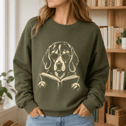 Beagle Reading Book Crewneck Sweatshirt | Reader Gift Military Green