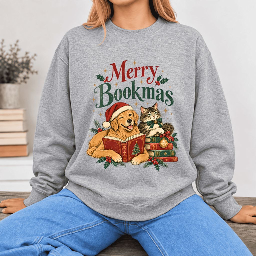 Merry Bookmas Softstyle Sweatshirt | Christmas Book Lover Gift Sport Grey