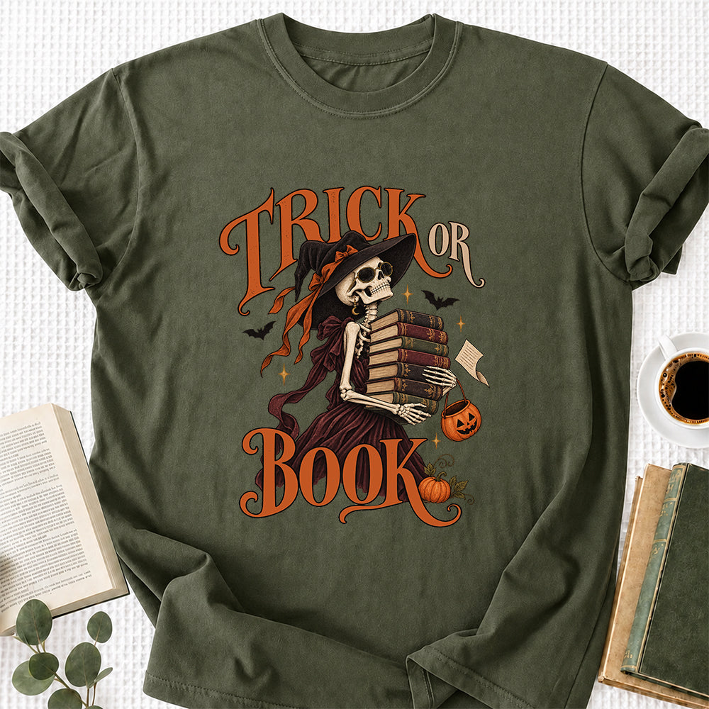 Trick Or Book Lady Printed T-Shirt | Halloween Book Lover Gift Military Green