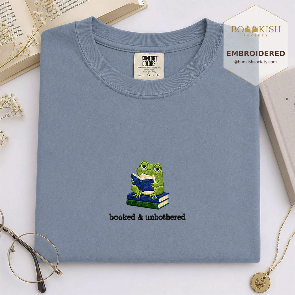 Booked and Unbothered Embroidered Comfort Color® T-shirt | Book Lover Gift Blue Jean
