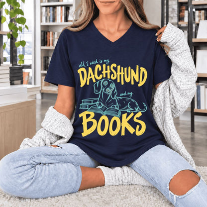 All I Need Is My Dachshund And My Books Ultra-Soft V-Neck | Dog Mom Reader Gift Navy