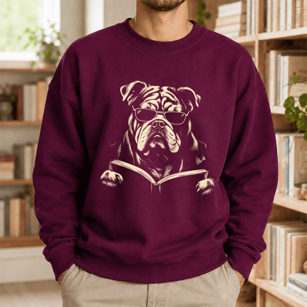 Bulldog Reading Book Crewneck Sweatshirt | Reader Gift Maroon