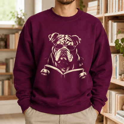 Bulldog Reading Book Crewneck Sweatshirt | Reader Gift Maroon