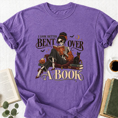 I Look Better Bent Over A Book Printed T-Shirt | Halloween Book Lover Gift Heather Purple