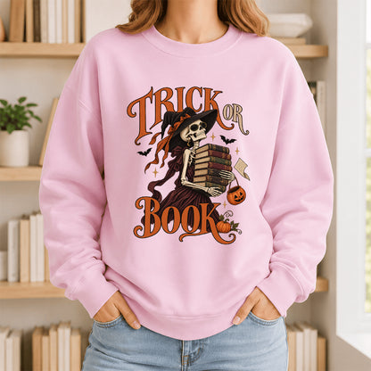 Trick Or Book Printed Sweatshirt | Halloween Book Lover Gift Light Pink
