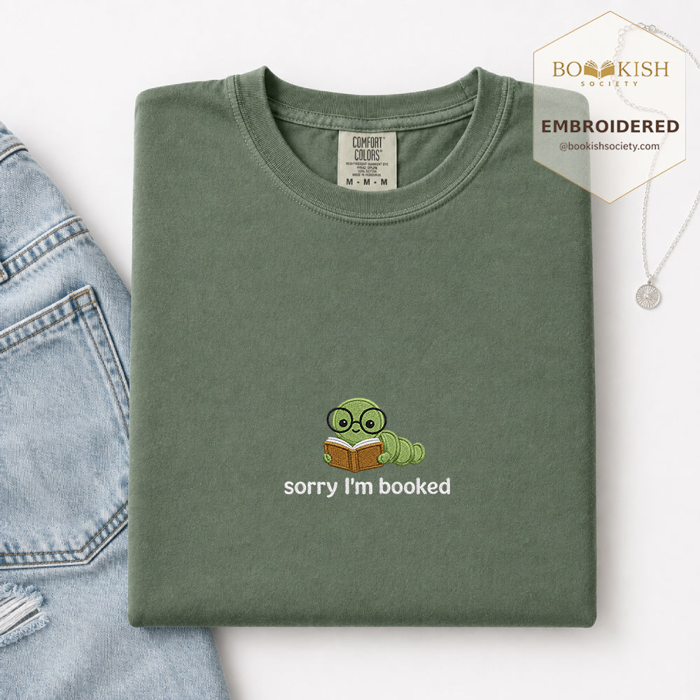 Sorry I'm Booked Embroidered Comfort Color® T-shirt | Book Lover Gift Moss