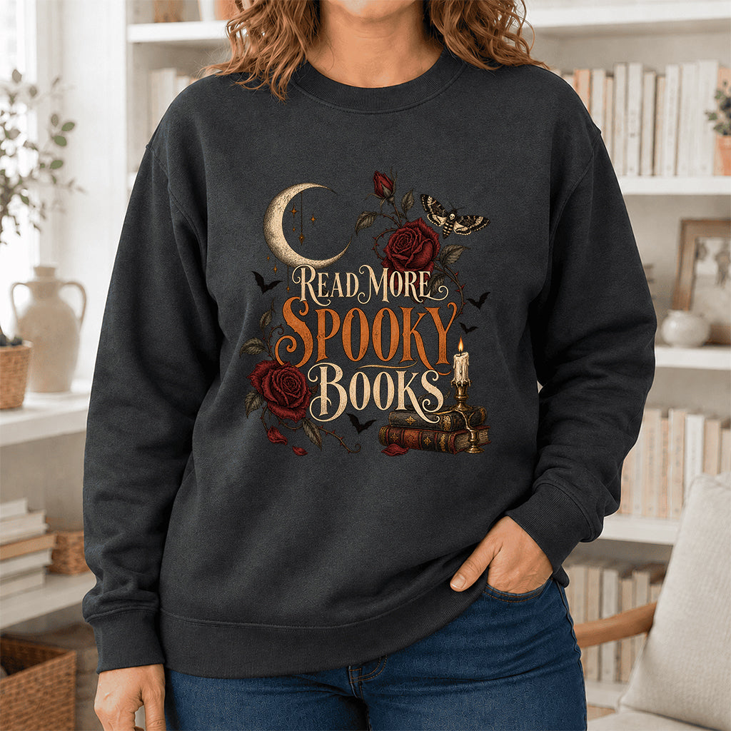 Read More Spooky Books Printed Sweatshirt | Halloween Book Lover Gift Dark Heather