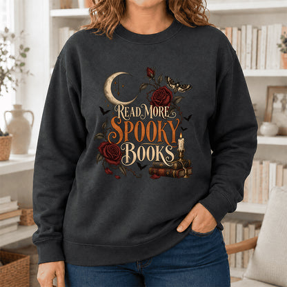 Read More Spooky Books Printed Sweatshirt | Halloween Book Lover Gift Dark Heather