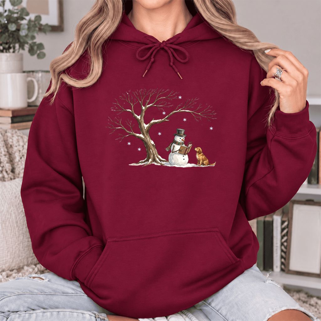 Golden Retriever And Snowman Under Tree Softstyle Hoodie | Christmas Reader Gift Maroon