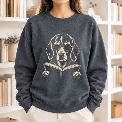 Beagle Reading Book Softstyle Sweatshirt | Dog Mom Reader Gift Dark Heather