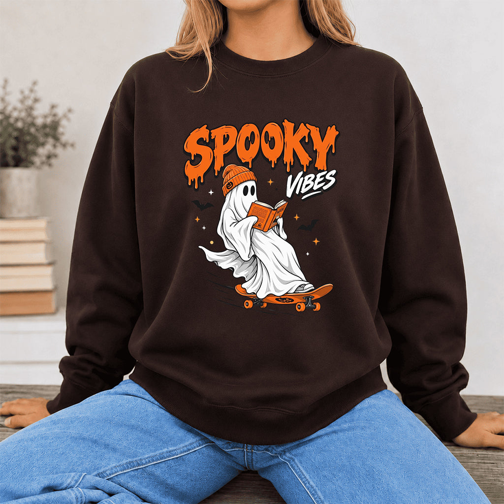 Spooky Vibes Printed Sweatshirt | Halloween Reader Gift Dark Chocolate
