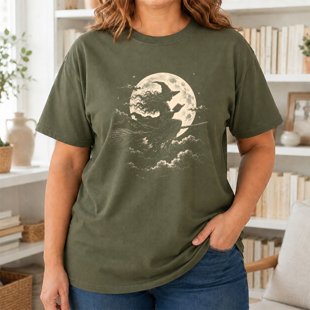Reading Witch On The Flying Broom Printed T-Shirt | Halloween Book Lover Gift Military Green