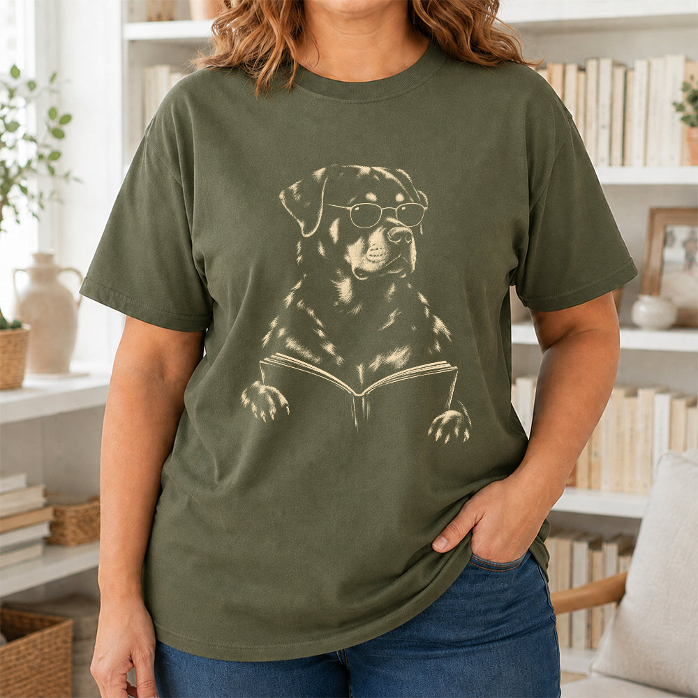 Rottweiler Reading Book Softstyle T-Shirt | Book Lover Gift Military Green