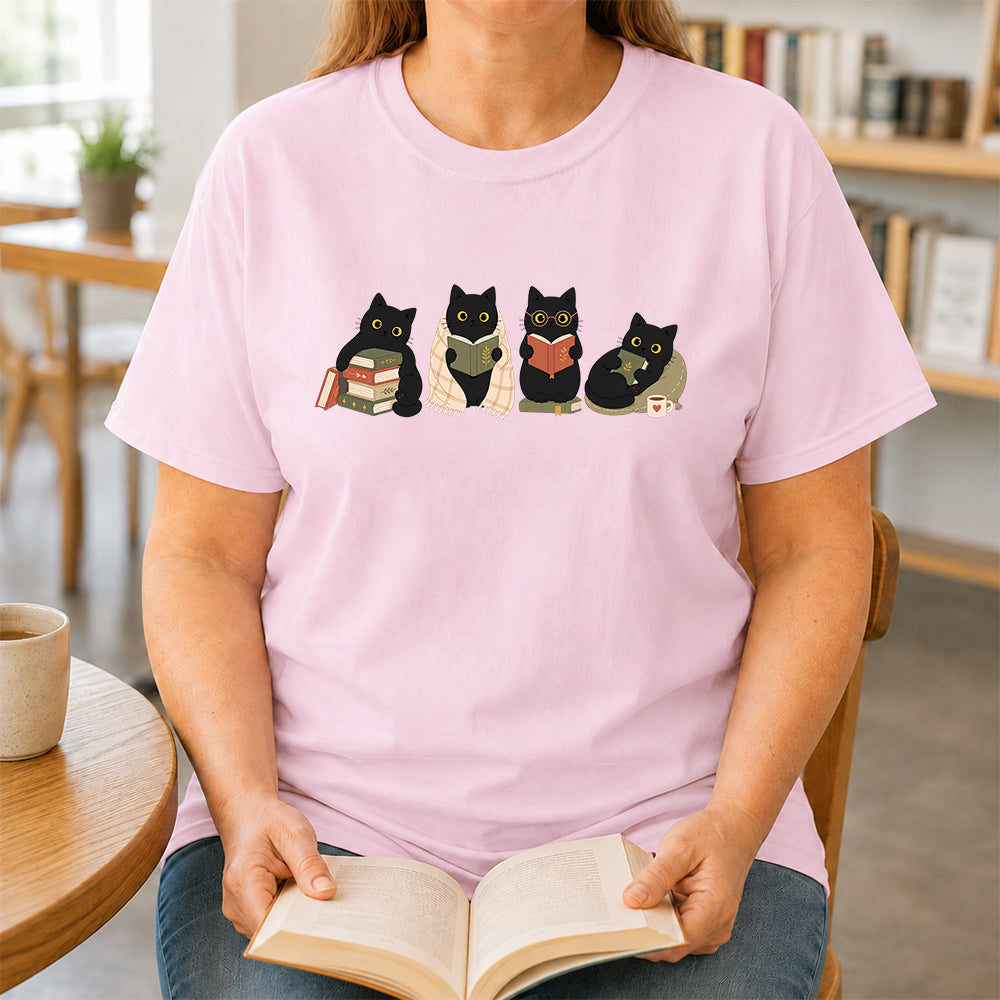 Black Cats Reading Softstyle T-Shirt | Book Lover Gift Light Pink