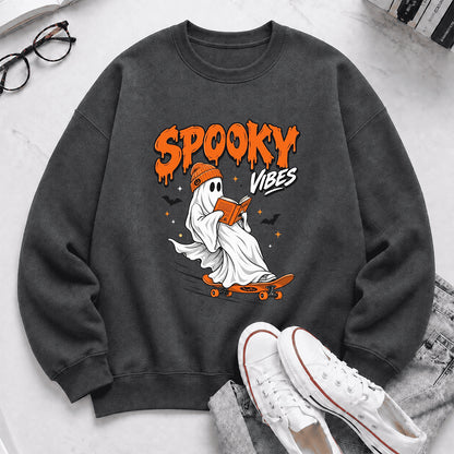 Spooky Vibes Printed Sweatshirt | Halloween Reader Gift Dark Heather
