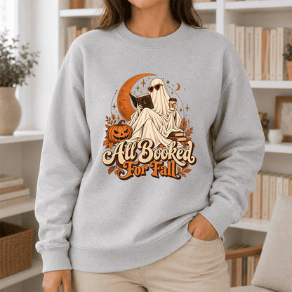 All Booked For Fall Crewneck Sweatshirt | Halloween Reader Gift Sport Grey
