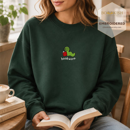 Bookworm Embroidered Sweatshirt | Reader Gift Forest Green