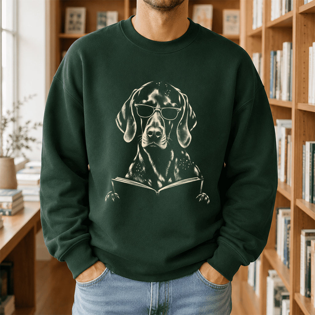 German Shorthaired Pointer Reading Book Crewneck Sweatshirt | Reader Gift Forest Green