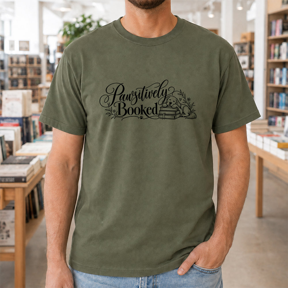 Pawsitively Booked Cotton T-Shirt | Dog Lover & Reader Gift Military Green