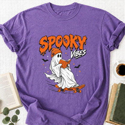 Spooky Vibes Printed T-Shirt | Halloween Book Lover Gift Heather Purple