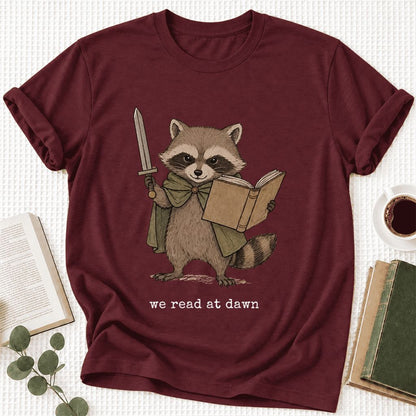 We Read At Dawn Funny Racoon Ultra-Soft Cotton T-Shirt | Playful Reader Gift Maroon