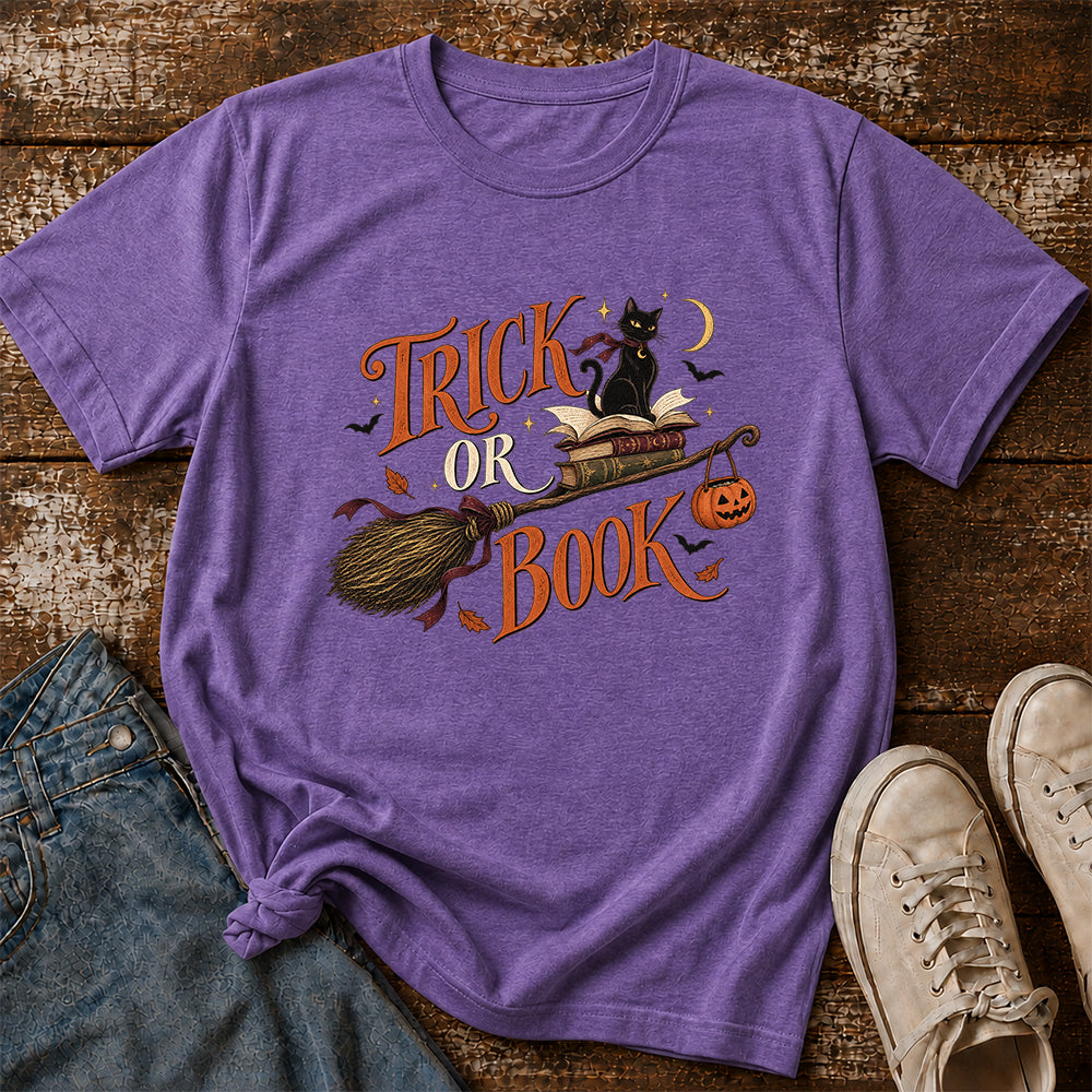 Trick Or Book Black Cat Printed T-Shirt | Halloween Book Lover Gift Heather Purple
