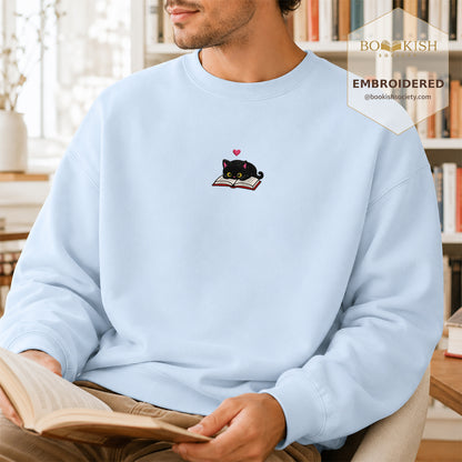 Black Cat and Book Embroidered Sweatshirt | Reader Gift Light Blue