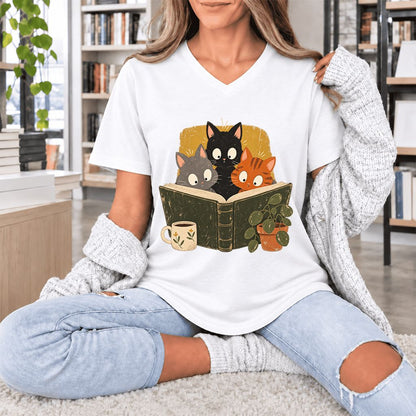 Curious Reading Cats Ultra-Soft V-Neck | Cat Lover Reader Gift White