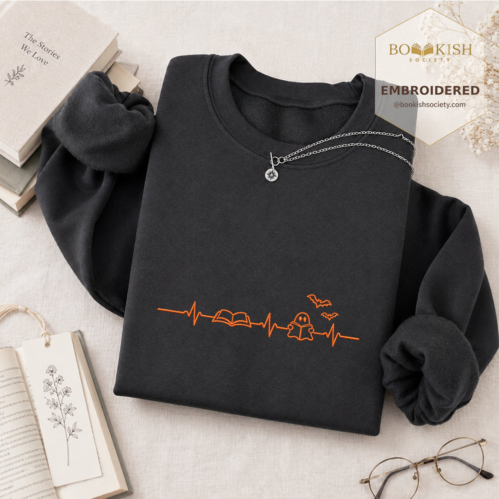 Reading Heartbeat Embroidered Sweatshirt | Spooky Halloween Book Lover Gift Dark Heather