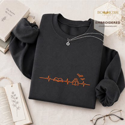 Reading Heartbeat Embroidered Sweatshirt | Spooky Halloween Book Lover Gift Dark Heather
