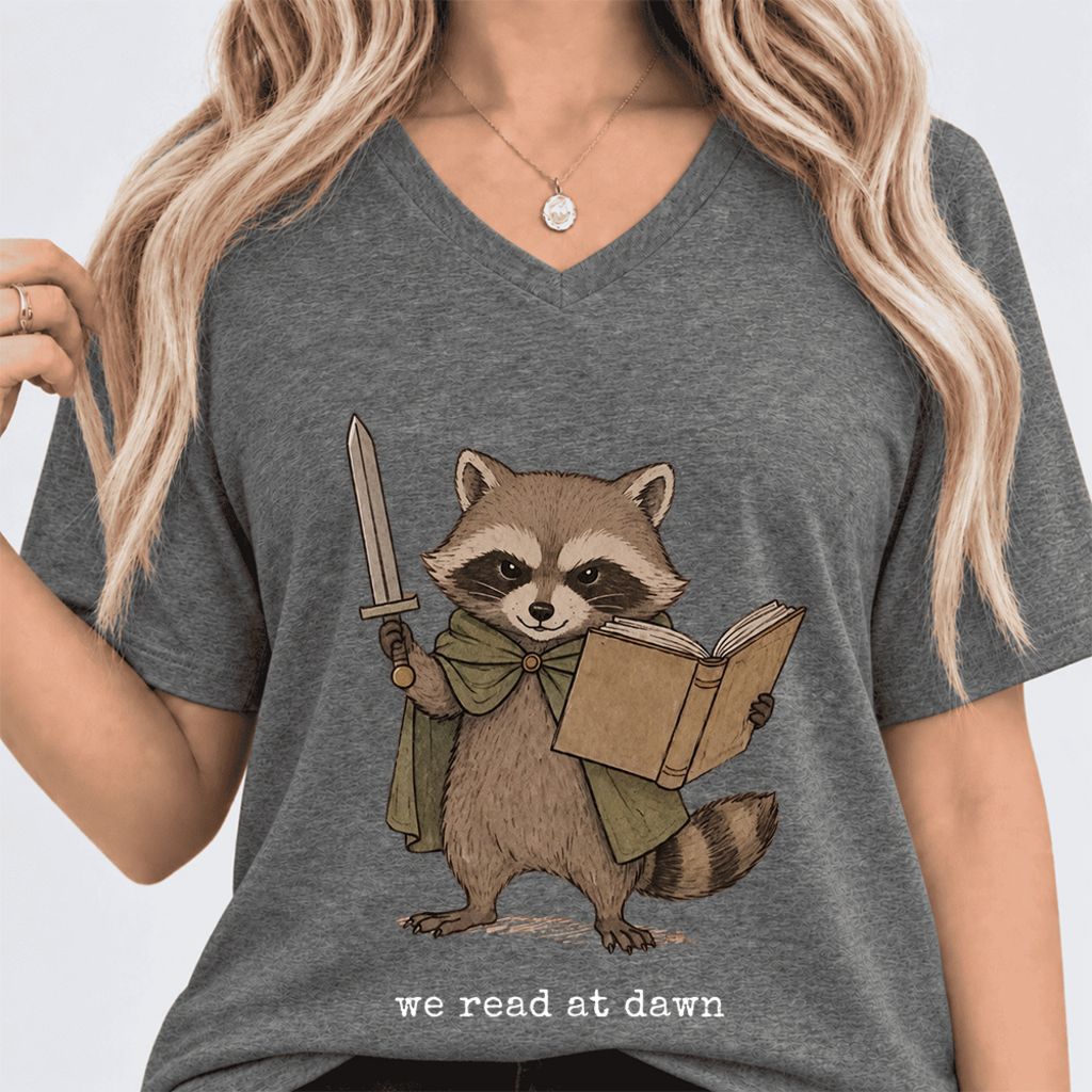 We Read At Dawn Funny Racoon Ultra-Soft V-Neck | Cozy Book Lover Gift Deep Heather