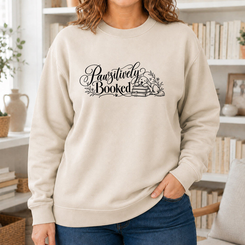 Pawsitively Booked Crewneck Sweatshirt | Dog Lover & Reader Gift Sand