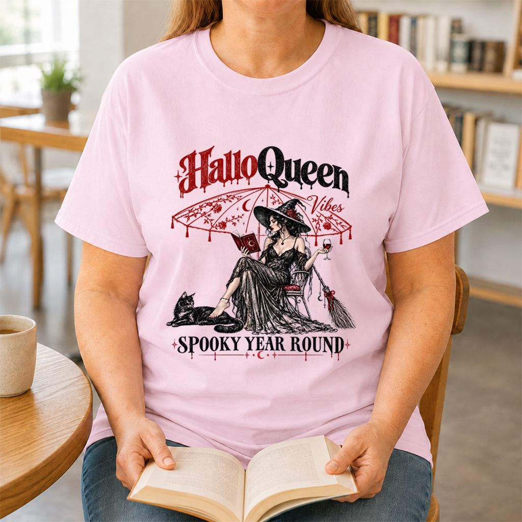 Halloqueen Spooky Year Round Printed T-Shirt | Halloween Book Lover Gift Light Pink