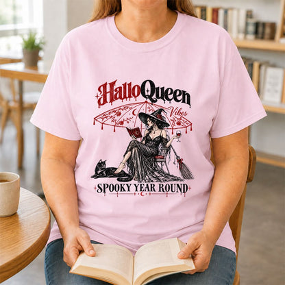 Halloqueen Spooky Year Round Printed T-Shirt | Halloween Book Lover Gift Light Pink