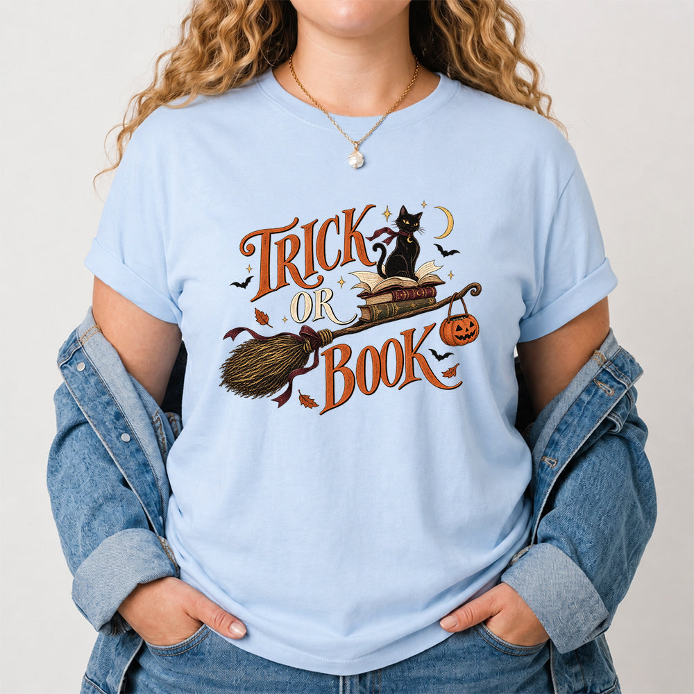 Trick Or Book Black Cat Printed T-Shirt | Halloween Book Lover Gift Light Blue