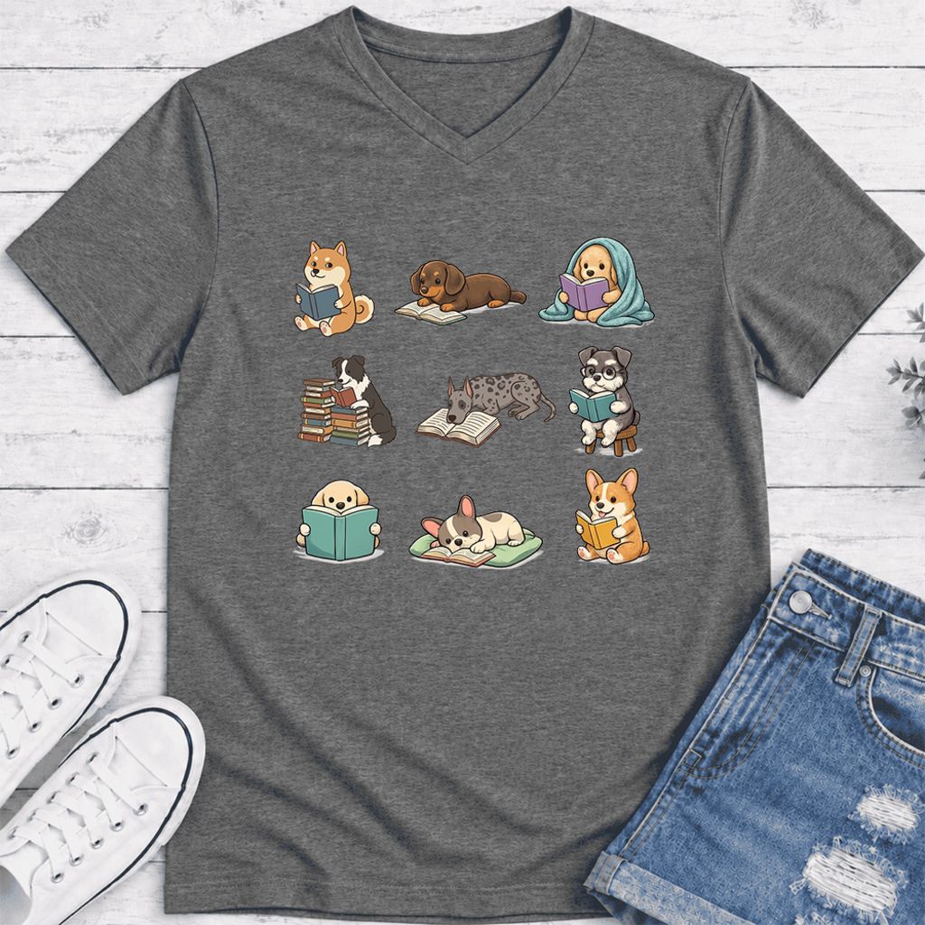 Funny Reading Dogs Ultra-Soft V-Neck | Dog Mom Reader Gift Deep Heather